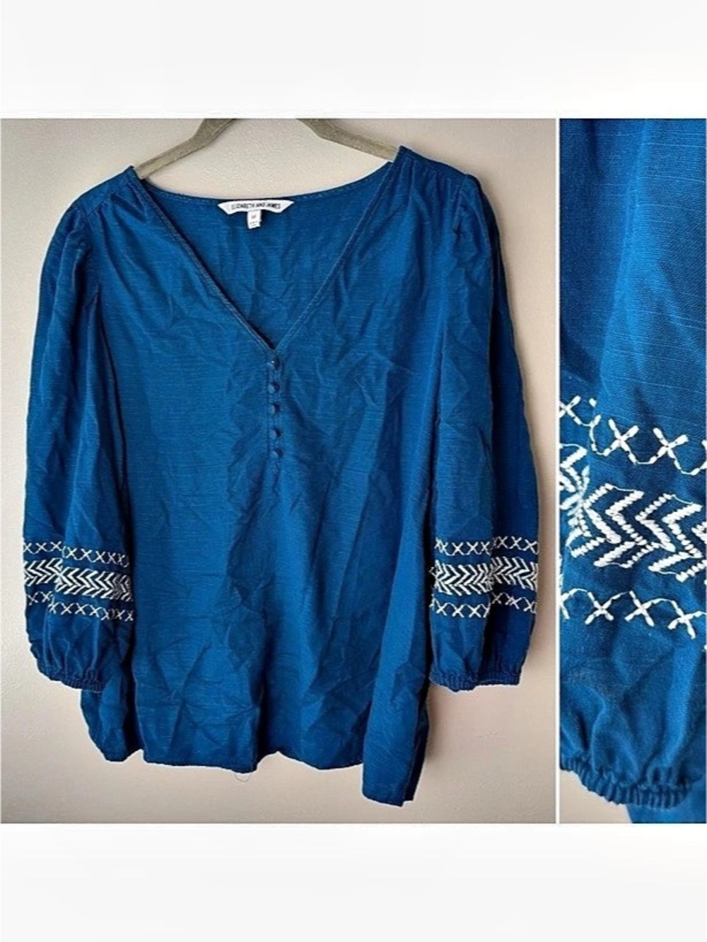 Elizabeth and James Blouse Size Medium Blue Embroidered Boho V-Neck Cotton Blen